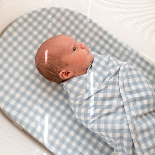 Mulberry Threads Co Bamboo Jersey Baby Swaddle Blue Gingham