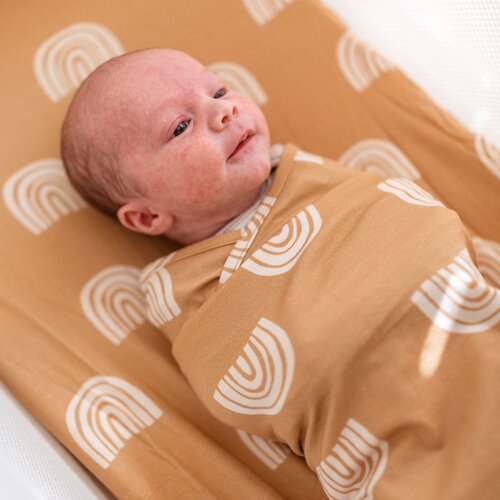 Mulberry Threads Co Bamboo Jersey Baby Swaddle Mustard Rainbows