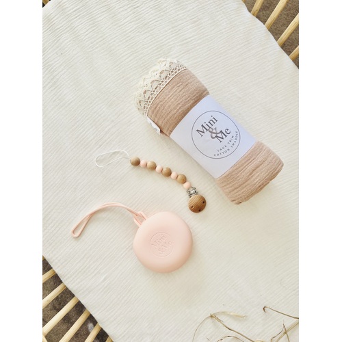 Mini & Me Lace Trim Swaddle Acorn & Dummy Essentials Set