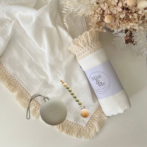 Mini & Me Lace Trim Swaddle Ivory & Dummy Essentials Set